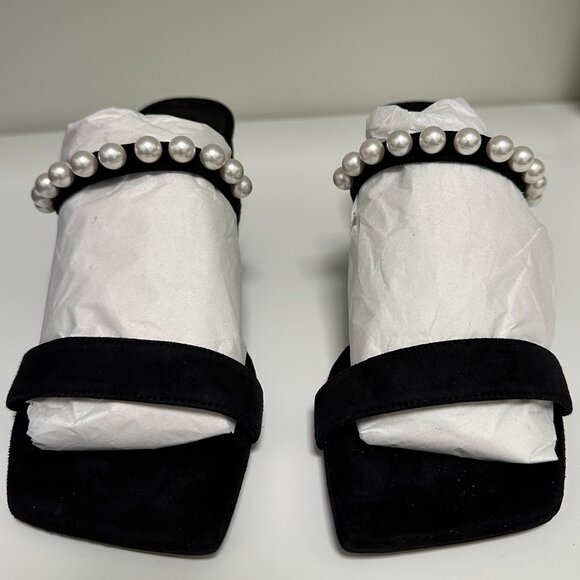 Stuart Weitzman Goldie 60 Pearl Slide Sandals 6.5 NIB Block Heel Black Suede - Picture 6 of 14